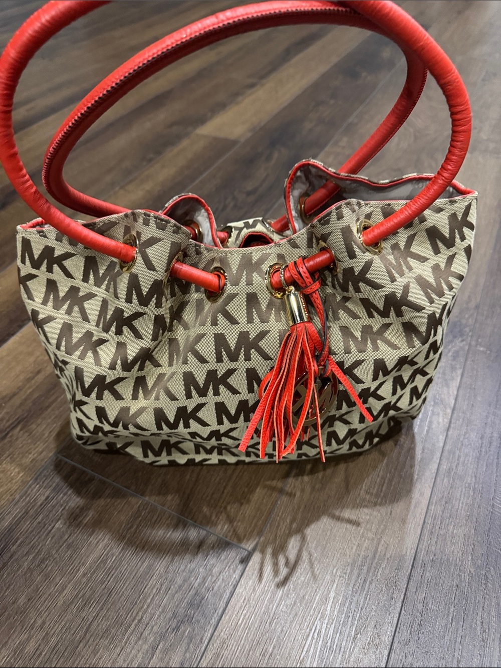 Michael Kors Beige MK Logo Shoulder Bag with Red Trim